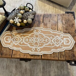 Pier 1 White Beaded Tan Jute Burlap Boho Table Runner